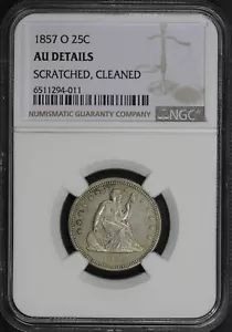 1857-O Seated Liberty Quarter NGC AU Details Scratched, Cleaned - Picture 1 of 2