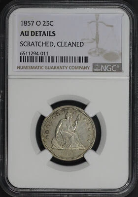 1857-O Seated Liberty Quarter NGC AU Details Scratched, Cleaned - Image 1 of 2