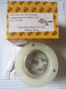 NEMA L5-20, 2 POLE, 3 WIRE, 20A, 125V LOCKING FLANGED INLET, UL LISTED - Picture 1 of 7