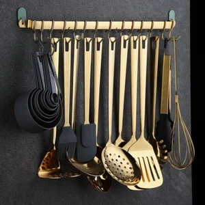 Kitchen Utensil Rack Gold Titanium Plating Wall Mounted Kitchen Rail 14 Hooks - Picture 1 of 5