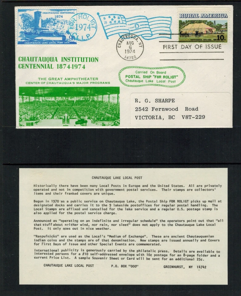 USA #1505 10¢ FDC with Local Post Chautauqua Lake Cinderella "Fur Roligt"  Green - Image 1 of 1
