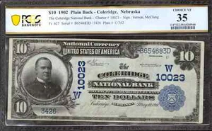 1902 $10 COLERIDGE NATIONAL BANKNOTE CURRENCY FR.627 NEBRASKA PCGS 35 VF (683D) - Picture 1 of 2
