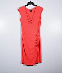 Lauren Ralph Lauren Dress Womens Size 8 Red Ruche Bodycon V-neck Stretch - Picture 1 of 9