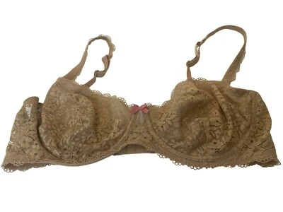 Gillian & OMalley Beige Lace Underwire Bra With Pink Bow Accent 38D - Image 1 of 4