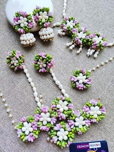 Pink-Green Handmade Floral Jewelry Set for Haldi-Mehndi - Picture 1 of 2