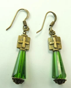 Grüne Kristall Ohrringe mit Bronze Kreuz Handarbeit Schmuck - Bild 1 von 1