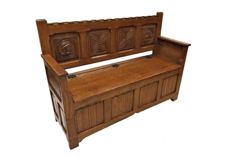Antique Carved Dutch Hall Bench or Monks Bench With Storage Under The Seat Cover