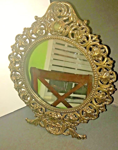 Vintage Gold Gilt Iron Art Round Easel Tabletop Mirror, #JM29-Free Shipping Cover