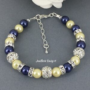 Handmade Navy Blue Yellow Pearl Bracelet Necklace Earrings Wedding Bridal Gifts
