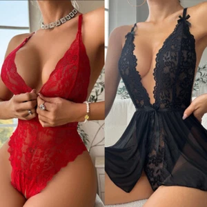 One-Piece Sexy-Lingerie for Women Teddy Sleepwear V-Neck Lace Underwear Chemise - Picture 1 of 47