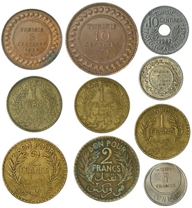 TUNISIA 5-10-50 Centimes & 1,2,5 Francs 1891/1957 Brass, Silver 10-Coin Type Set - Picture 1 of 2