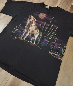 Vintage Wolf Southwestern Wrap Around Graphic Single Stitch T Shirt 90s Mens XL - Picture 1 of 12