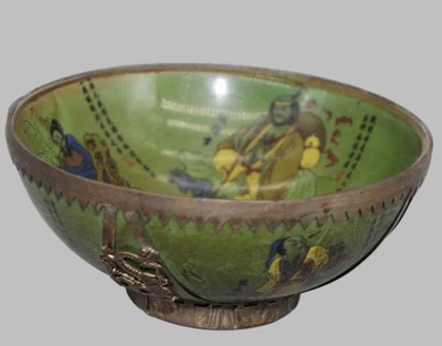 Cuenco de Esmalte Verde Chino Vintage Montaje Plateado Ocho Inmortales Dragón Porcelana Foto 1 de 4