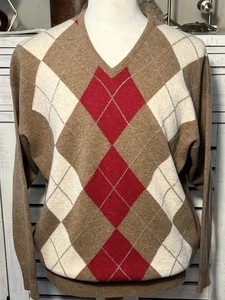 Suéter Argyle Escocés Vintage Bullock & Jones 100% Lana de Cordero Cuello en V Tostado Talla L - Imagen 1 de 9