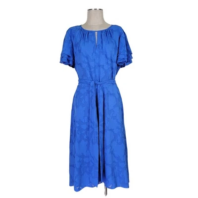 Vestido Tahari ASL Midi 16 Azul Mangas Cortas Acampanadas Bolsillos Cinturón Frontal Cerradura Foto 1 de 4