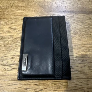 TUMI Card Money Holder Slim Wallet Clip Black Leather & Nylon 3 Slots - Picture 1 of 15
