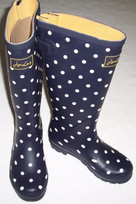 NUEVO CON ETIQUETAS Joules AZUL MARINO/BLANCO LUNARES Botas de agua Altas Botas de lluvia para mujer EE. UU. 6 Foto 1 de 4