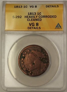 1813 Classic Head Large Cent Coin S-292 ANACS VG-8 Details Clnd Heavily Corroded - Picture 1 of 2