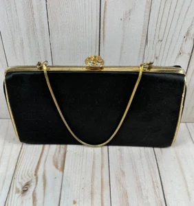 Vintage 50s Handbag Black Fabric Gold-tone Hardware W/Handle Evening Clutch - Picture 1 of 10
