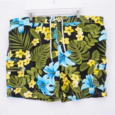 Caribbean Joe Floral Lined Swim Trunks XL 45 / 7.5 High Rise Black Green Yellow - Image 1 of 4