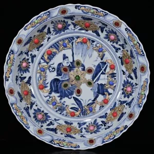 18" old China Porcelain Yuan dynasty Blue and white Story characters disc - Picture 1 of 8