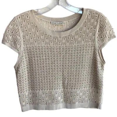 Alice + Olivia  Linen Blend Pointelle Knit Beaded Cap Sleeve Cropped Sweater S - Image 1 of 4