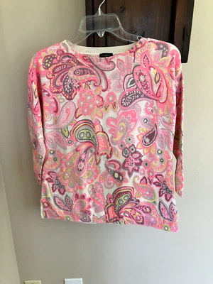 Talbots 霓虹粉色灰色黄色佩斯利毛衣 XS 状况完好 柔软舒适 — 第 1/4 张图片