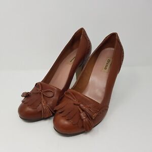Dune Brown Leather Slip On High Heel Tassel Court Shoes - UK Size 5 - EU 38