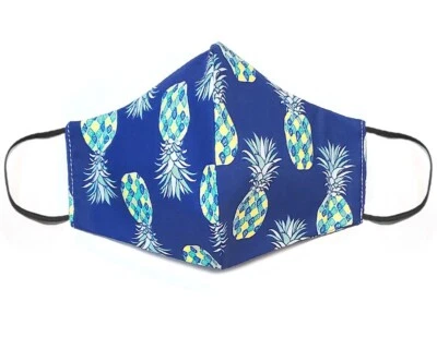 Máscara facial de tela de algodón reutilizable lavable adulto hecha en EE. UU. azul piña hawaiana Foto 1 de 2