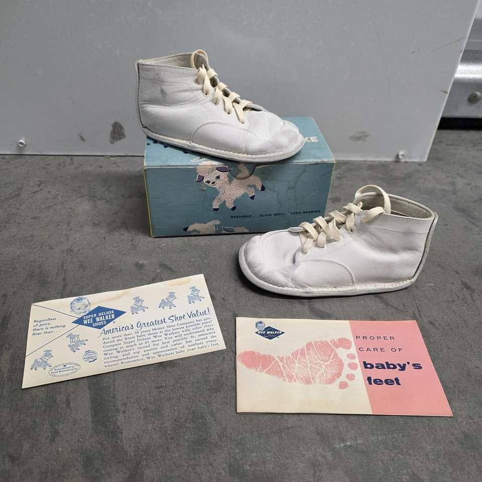 Zapatos de bebé Wee Walker Super Deluxe de colección talla 3 cuero blanco infantil años 60 con caja Foto 1 de 4