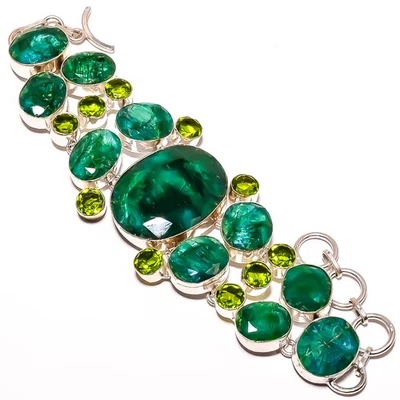 Brazalete étnico de plata de ley 925 esmeralda, peridoto (simulado) 7-7,99" TB7596 Foto 1 de 4
