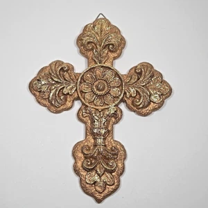 Dekoratives religiöses Kreuz Gold Wandrelief Wohndeko 9,5" x 7,25" mit Aufhänger - Bild 1 von 6
