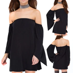 Women-Sexy-Off-Shoulder-Horizontal-Long-Sleeve-Party-Evening-Beach-Mini-Dresses - Picture 1 of 11