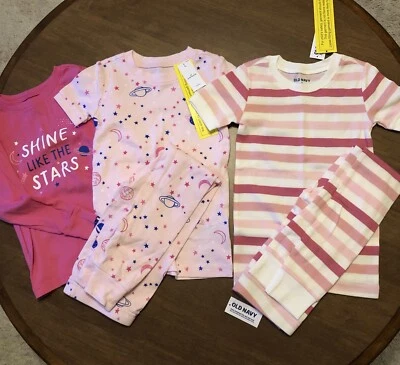 NUEVO Antiguo Pijama Niña Azul Marino 5T Rosa 3 Piezas Estrellas y 2 Piezas Rayas Ajuste Ajustado Lote Foto 1 de 3