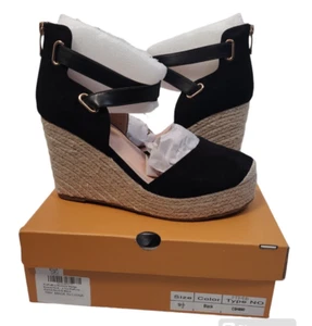 PiePieBuy Women’s Wedge Espadrille Ankle Strap Closed Cap Toe Black Platform 9.5 - Picture 1 of 10