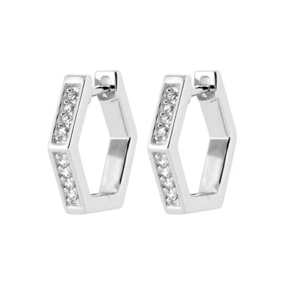 Orecchini A Cerchio In Argento 925/000 Rodio - Esagono - Zirconio - Immagine 1 di 3