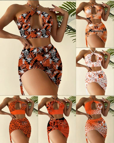 Cincinnati Bengals Women's 2Pcs Cutout Swimsuit Criss Cross Halter Bikini Set Cover