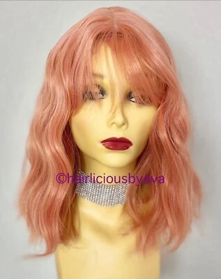 Peluca rosa pastel oro rosa con flequillo ondulado 12 pulgadas de largo resistencia al calor OK Foto 1 de 4