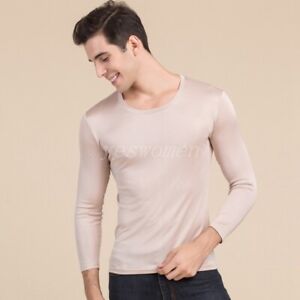 Men 100% Mulberry Silk Long Sleeve T shirt Tee Underwear Scoop Neck Thermal Tops