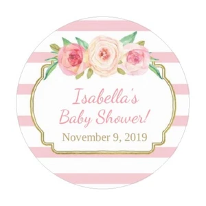 30 Personalized Pink and Gold Girl Baby Shower Stickers Favors Labels round 1.5" - Picture 1 of 1