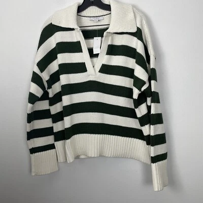 Suéter Ann Taylor Weekend Verde y Crema Rayas Cuello en V Talla XL Foto 1 de 4