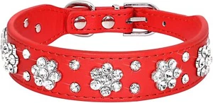 M Red Rhinestone Dog Collar Cute Flower Bling PU Leather Adjustable Size - Picture 1 of 4