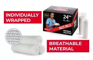 Premium Gauze Bandage Rolls 24 Pack Individually Wrapped (4 inches x 4.1 Yards) - Picture 1 of 6