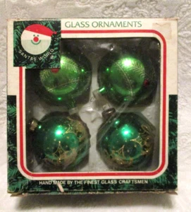 Vintage~Santas World~Glass Ornaments~Green with Gold Glitter~1960's - Picture 1 of 8
