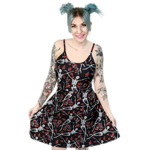 Too Fast Bed of Roses Skeletons Skulls Gothic Punk Floral Skater Dress WDGI-BED - Picture 1 of 7