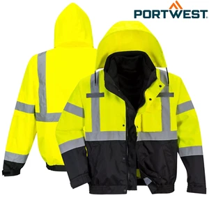 Portwest HiVis Contrast Premium Bomberjacke wasserdicht Kapuze Sicherheit Arbeit S365 - Bild 1 von 9