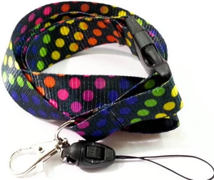 BLACK LANYARD MULTICOLORED POLKA DOTS CELLPHONE & KEYCHAIN HOLDER - Picture 1 of 1