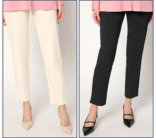 Women with Control Tall Set of 2 86/14 Slim Leg Pants Ecru/Black,Tall L A676426 - Image 1 of 1