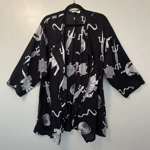 Cárdigan kimono de lino vintage Sue Wong, tribal lagarto negro/blanco - talla única - Imagen 1 de 9