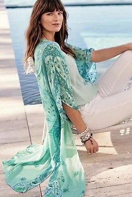 NWT J Jill Wrap One Size Blue Green Open Flowy Paisley Kimono Beach Boho S-L - Image 1 of 4